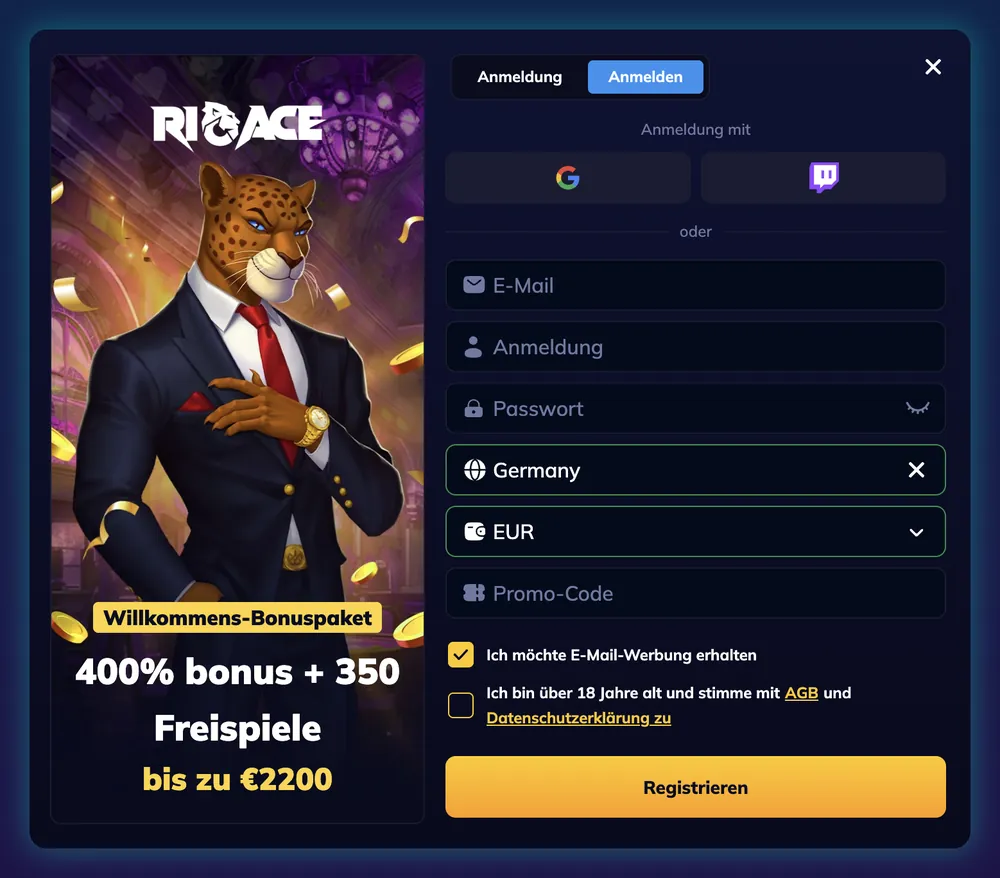 RioAce Registrierung